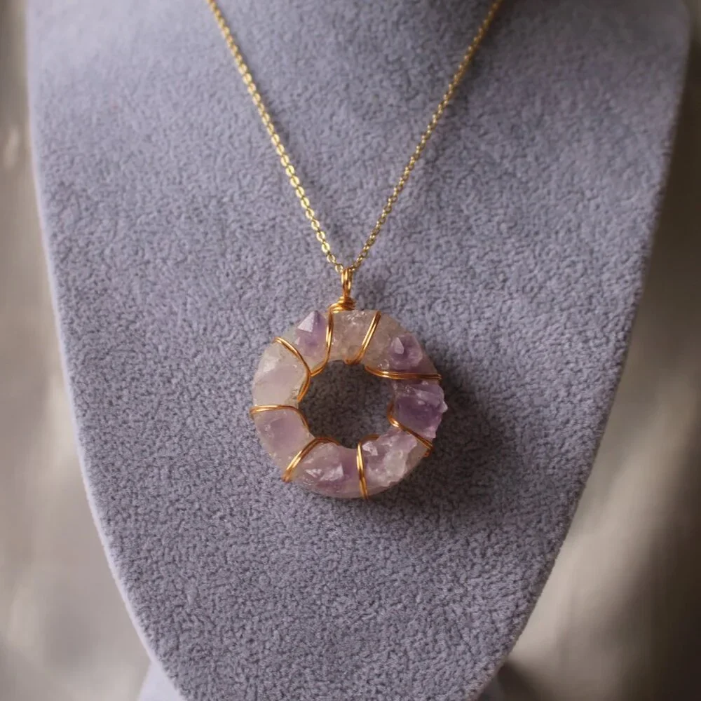 Raw Amethyst Circle Pendant Necklace – Gold Wire Wrapped - Picture 1 of 8